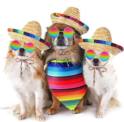 Ramede 3 Pcs Sombrero Hat Pet Mexican Serape Poncho Costume Include Cinco De Mayo Mexican Dog Bandana Fiesta Triangle Bib Summer Round Sunglasses for Small Large Dog Birthday Gift Party Decor Puppy