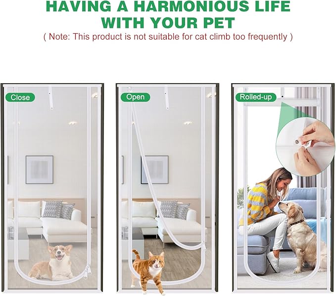 Reinforced Cat Screen Door, 38X83” Heavy Duty Pets Proof Screen Door with Bilateral Zipper, Prevent Dogs Cats Running Out from Home, Bedroom, Living Room, Kitchen Patio Door (White)