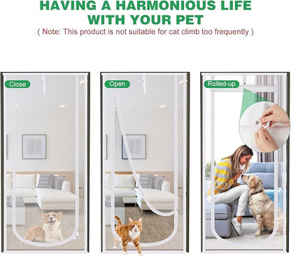 Reinforced Cat Screen Door, 38X83” Heavy Duty Pets Proof Screen Door with Bilateral Zipper, Prevent Dogs Cats Running Out from Home, Bedroom, Living Room, Kitchen Patio Door (White)