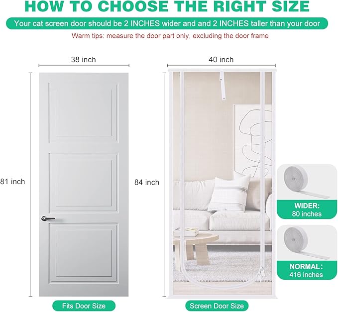 Reinforced Cat Screen Door, 40X84” Heavy Duty Pets Proof Screen Door with Bilateral Zipper, Prevent Dogs Cats Running Out from Home, Bedroom, Living Room, Kitchen Patio Door (White)