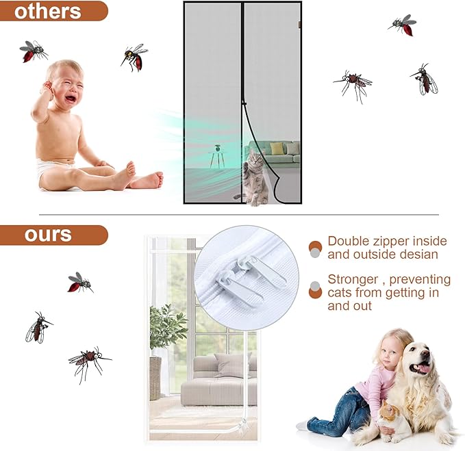 Reinforced Cat Screen Door Fits Door Size 36''x 80'', Heavy Duty Pets Proof Screen Mesh with Zipper, Prevent Dogs Cats Running Out from Home (White)