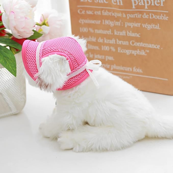 Round Brim Princess Hat Visor Hat Pet Dog Mesh Porous Sun Hat with Ear Holes for Small, Extra Small Dog Teddy, Pug, Chihuahua, Shih Tzu, Yorkshire Terriers, Papillon Pink with bowknit L