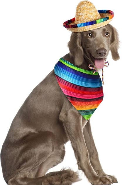 Saintrygo Dog Sombrero Hat Pet Carnival Costume Straw Mexican Hat and Dog Bandana Pet Triangle Bib for Mexican Cowboy Carnival Decorations
