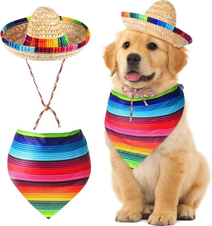 Saintrygo Dog Sombrero Hat Pet Carnival Costume Straw Mexican Hat and Dog Bandana Pet Triangle Bib for Mexican Cowboy Carnival Decorations