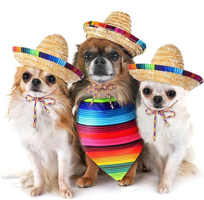 Saintrygo Dog Sombrero Hat Pet Carnival Costume Straw Mexican Hat and Dog Bandana Pet Triangle Bib for Mexican Cowboy Carnival Decorations