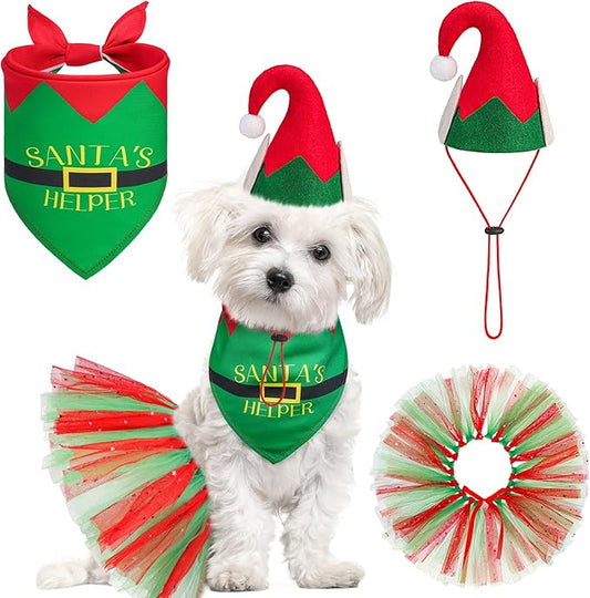 SCENEREAL Christmas Dog Bandana Dress with Hat Set, Pet Santa Costume for Small Medium Sized Dogs, Cute Tutu Skirt Outfit for Party Halloween