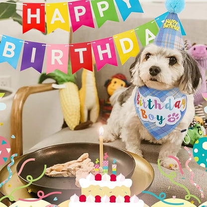 SCENEREAL Dog Birthday Bandana Hat Set, Puppy Birthday Party Supplies for Boys Dogs, Pet Birthday Scarf Outfit with Sign Banner and Balloons for Small Medium Large Dogs