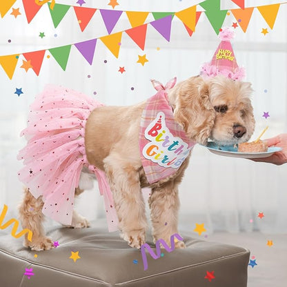 SCENEREAL Dog Birthday Bandana Hat with Dress Girl Set Party Supplies Plaid Puppy Birthday Outfit Cute Dog Tutus for Small Medium Lage Dogs, Pink Plaid