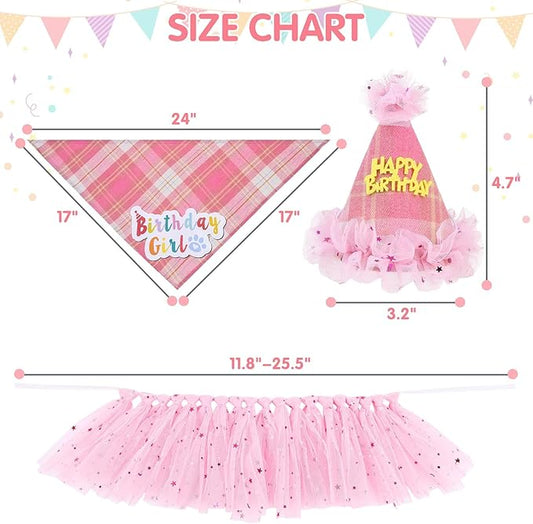 SCENEREAL Dog Birthday Bandana Hat with Dress Girl Set Party Supplies Plaid Puppy Birthday Outfit Cute Dog Tutus for Small Medium Lage Dogs, Pink Plaid