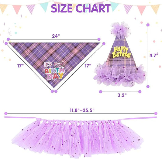 SCENEREAL Dog Birthday Bandana Hat with Dress Girl Set Party Supplies Plaid Puppy Birthday Outfit Cute Dog Tutus for Small Medium Lage Dogs, Purple Plaid