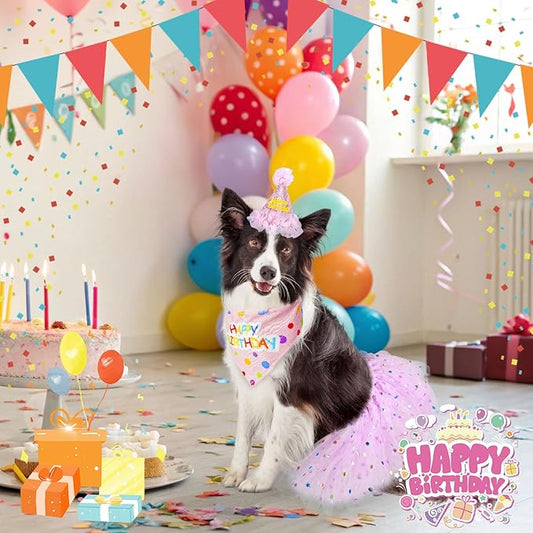 SCENEREAL Dog Birthday Bandana with Hat and Dress Girl Set, Large Dog Birthday Party Supplies, Cute Pink Tutu Skirt Outfit for Medium Large Dogs