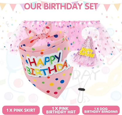 SCENEREAL Dog Birthday Bandana with Hat and Dress Girl Set, Large Dog Birthday Party Supplies, Cute Pink Tutu Skirt Outfit for Medium Large Dogs