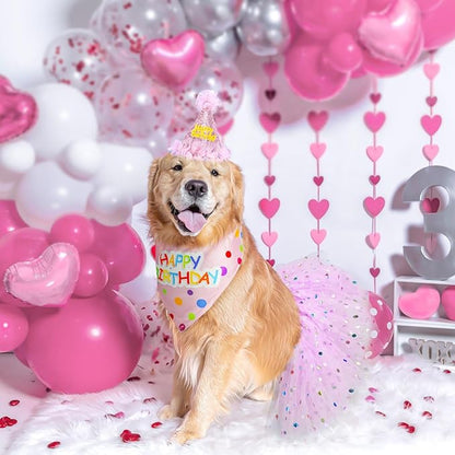 SCENEREAL Dog Birthday Bandana with Hat and Dress Girl Set, Large Dog Birthday Party Supplies, Cute Pink Tutu Skirt Outfit for Medium Large Dogs
