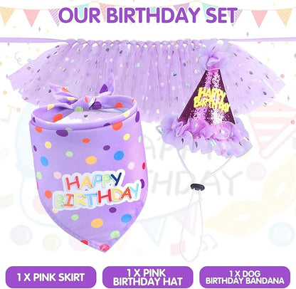 SCENEREAL Dog Birthday Bandana with Hat and Dress Girl Set, Large Dog Birthday Party Supplies, Cute Tutu Skirt Outfit for Medium Big Dogs