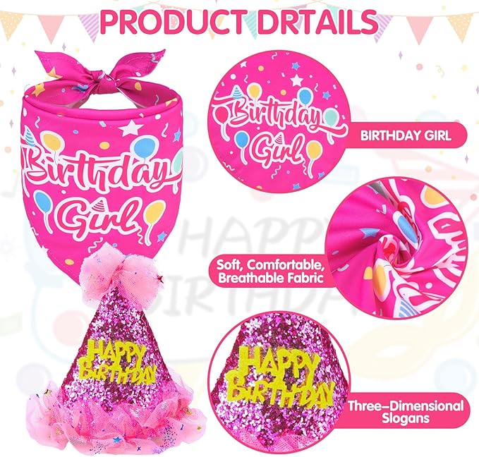 SCENEREAL Dog Birthday Bandana with Hat and Dress Girl Set, Large Dog Birthday Party Supplies, Cute Tutu Skirt Outfit for Medium Big Dogs, Rose Red XL
