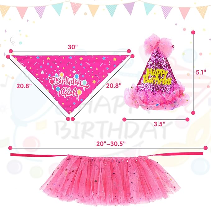 SCENEREAL Dog Birthday Bandana with Hat and Dress Girl Set, Large Dog Birthday Party Supplies, Cute Tutu Skirt Outfit for Medium Big Dogs, Rose Red XL
