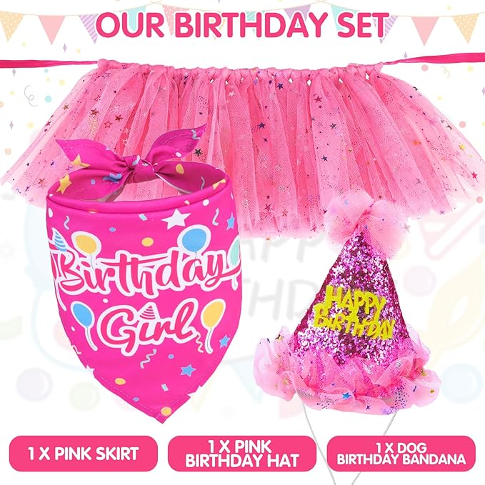 SCENEREAL Dog Birthday Bandana with Hat and Dress Girl Set, Large Dog Birthday Party Supplies, Cute Tutu Skirt Outfit for Medium Big Dogs, Rose Red XL