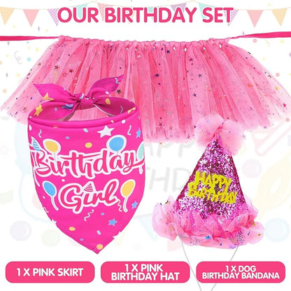 SCENEREAL Dog Birthday Bandana with Hat and Dress Girl Set, Large Dog Birthday Party Supplies, Cute Tutu Skirt Outfit for Medium Big Dogs, Rose Red XL