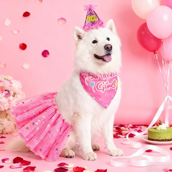 SCENEREAL Dog Birthday Bandana with Hat and Dress Girl Set, Large Dog Birthday Party Supplies, Cute Tutu Skirt Outfit for Medium Big Dogs, Rose Red XL