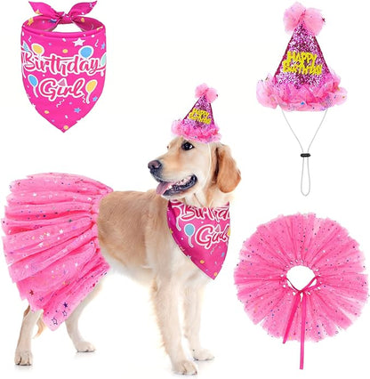 SCENEREAL Dog Birthday Bandana with Hat and Dress Girl Set, Large Dog Birthday Party Supplies, Cute Tutu Skirt Outfit for Medium Big Dogs, Rose Red XL