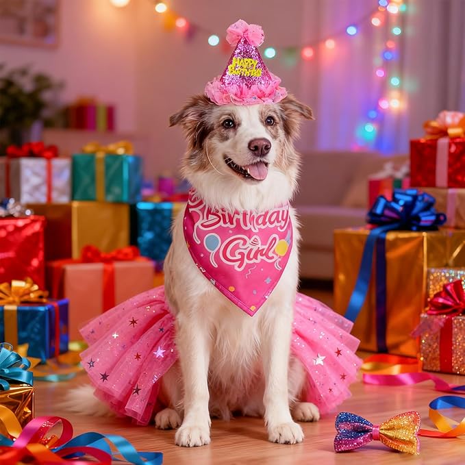 SCENEREAL Dog Birthday Bandana with Hat and Dress Girl Set, Large Dog Birthday Party Supplies, Cute Tutu Skirt Outfit for Medium Big Dogs, Rose Red XL