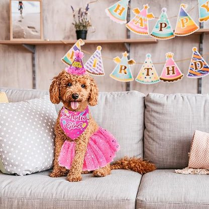 SCENEREAL Dog Birthday Bandana with Hat and Dress Girl Set, Puppy Birthday Party Supplies, Cute Pink Tutu Skirt Outfit for Small Medium Large Dogs