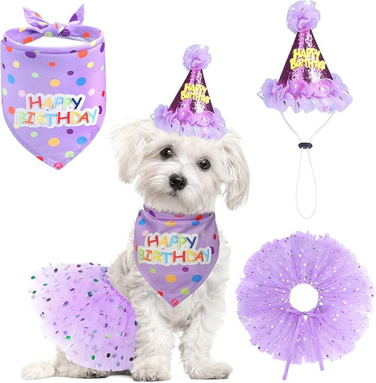 SCENEREAL Dog Birthday Bandana with Hat and Dress Girl Set, Puppy Birthday Party Supplies, Cute Tutu Skirt Outfit for Small Medium Large Dogs