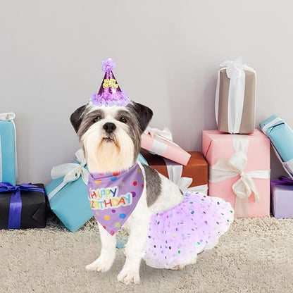 SCENEREAL Dog Birthday Bandana with Hat and Dress Girl Set, Puppy Birthday Party Supplies, Cute Tutu Skirt Outfit for Small Medium Large Dogs