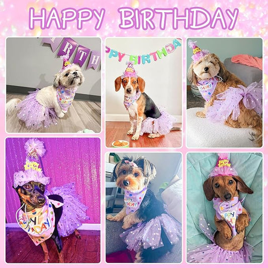 SCENEREAL Dog Birthday Bandana with Hat and Dress Girl Set, Puppy Birthday Party Supplies, Cute Tutu Skirt Outfit for Small Medium Large Dogs