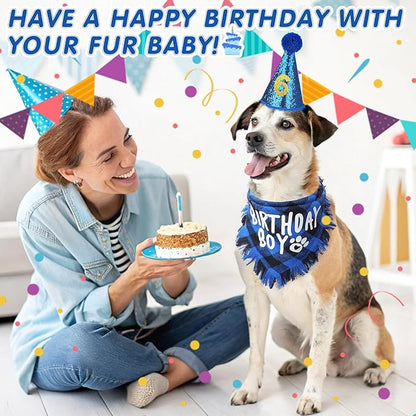SCENEREAL Dog Birthday Party Supplies, Dog Birthday Bandana Hat Bow Tie Collar Set with Birthday Numbers, Pet Birthday Scarf Accessories Outfit Decorations for Boy Girl Medium Large Dogs
