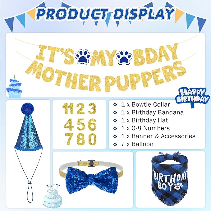 SCENEREAL Dog Birthday Party Supplies, Dog Birthday Bandana Hat Bow Tie Collar Set with Birthday Numbers, Pet Birthday Scarf Accessories Outfit Decorations for Boy Girl Medium Large Dogs