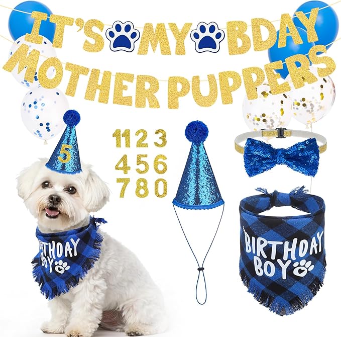 SCENEREAL Dog Birthday Party Supplies, Dog Birthday Bandana Hat Bow Tie Collar Set with Birthday Numbers, Pet Birthday Scarf Accessories Outfit Decorations for Boy Girl Medium Large Dogs
