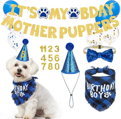 SCENEREAL Dog Birthday Party Supplies, Dog Birthday Bandana Hat Bow Tie Collar Set with Birthday Numbers, Pet Birthday Scarf Accessories Outfit Decorations for Boy Girl Medium Large Dogs