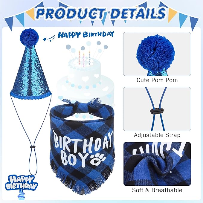 SCENEREAL Dog Birthday Party Supplies, Dog Birthday Bandana Hat Bow Tie Collar Set with Birthday Numbers, Pet Birthday Scarf Accessories Outfit Decorations for Boy Girl Medium Large Dogs