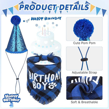 SCENEREAL Dog Birthday Party Supplies, Dog Birthday Bandana Hat Bow Tie Collar Set with Birthday Numbers, Pet Birthday Scarf Accessories Outfit Decorations for Boy Girl Medium Large Dogs