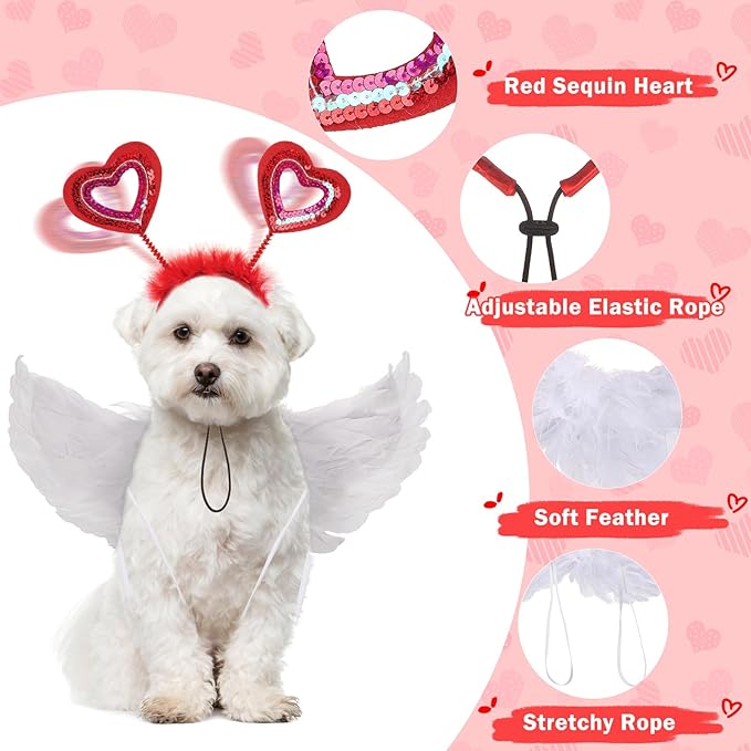 SCENEREAL Dog Valentine's Day Outfit, White Feather Wing & Heart Headband & Bandana Set, Red Puppy Kitty Party Supplies for Small Medium Dogs Cats, Pet Costumes