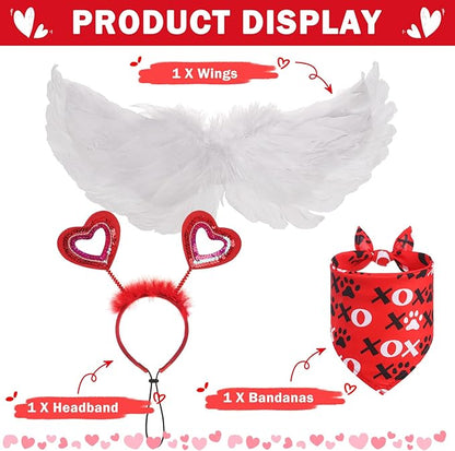 SCENEREAL Dog Valentine's Day Outfit, White Feather Wing & Heart Headband & Bandana Set, Red Puppy Kitty Party Supplies for Small Medium Dogs Cats, Pet Costumes