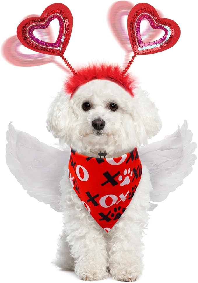 SCENEREAL Dog Valentine's Day Outfit, White Feather Wing & Heart Headband & Bandana Set, Red Puppy Kitty Party Supplies for Small Medium Dogs Cats, Pet Costumes