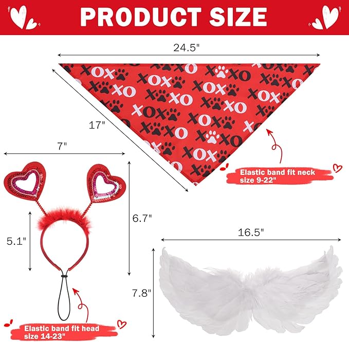 SCENEREAL Dog Valentine's Day Outfit, White Feather Wing & Heart Headband & Bandana Set, Red Puppy Kitty Party Supplies for Small Medium Dogs Cats, Pet Costumes