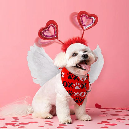 SCENEREAL Dog Valentine's Day Outfit, White Feather Wing & Heart Headband & Bandana Set, Red Puppy Kitty Party Supplies for Small Medium Dogs Cats, Pet Costumes
