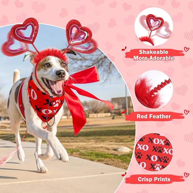 SCENEREAL Dog Valentine's Day Outfit, White Feather Wing & Heart Headband & Bandana Set, Red Puppy Kitty Party Supplies for Small Medium Dogs Cats, Pet Costumes