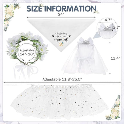 SCENEREAL Small Dog Wedding Dress 4-Piece Set with Tutu Skirt, Bow Veil, Flower Collar and Bandana, My Humans are Getting Married for Small Dogs Cats