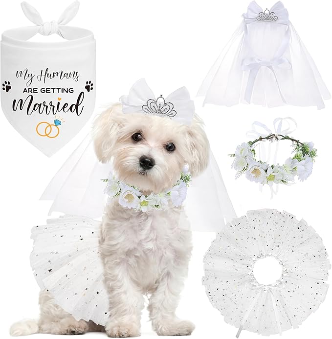 SCENEREAL Small Dog Wedding Dress 4-Piece Set with Tutu Skirt, Bow Veil, Flower Collar and Bandana, My Humans are Getting Married for Small Dogs Cats