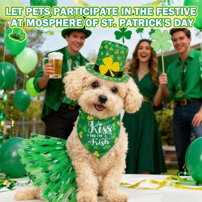 SCENEREAL St. Patrick's Day Dog Bandana Dress with Hat Set, Puppy Irish Costume for Small Medium Sized Girl Dogs Cats, Cute Tutu Skirt Green Holiday Pet Outfit Party Supplies