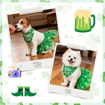 SCENEREAL St. Patrick's Day Dog Bandana Dress with Hat Set, Puppy Irish Costume for Small Medium Sized Girl Dogs Cats, Cute Tutu Skirt Green Holiday Pet Outfit Party Supplies