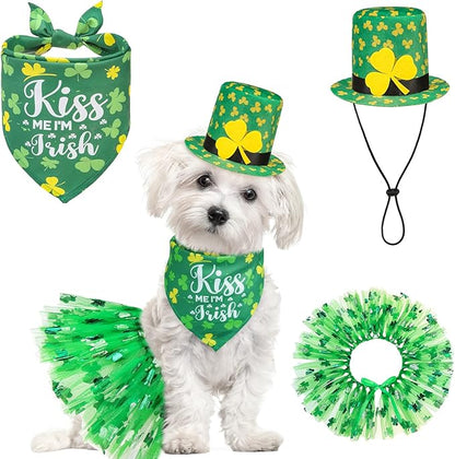 SCENEREAL St. Patrick's Day Dog Bandana Dress with Hat Set, Puppy Irish Costume for Small Medium Sized Girl Dogs Cats, Cute Tutu Skirt Green Holiday Pet Outfit Party Supplies
