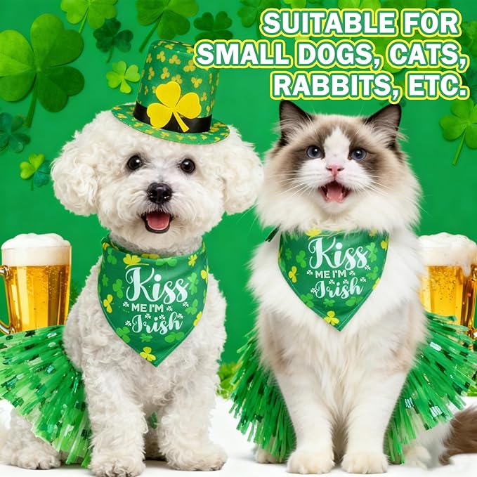 SCENEREAL St. Patrick's Day Dog Bandana Dress with Hat Set, Puppy Irish Costume for Small Medium Sized Girl Dogs Cats, Cute Tutu Skirt Green Holiday Pet Outfit Party Supplies