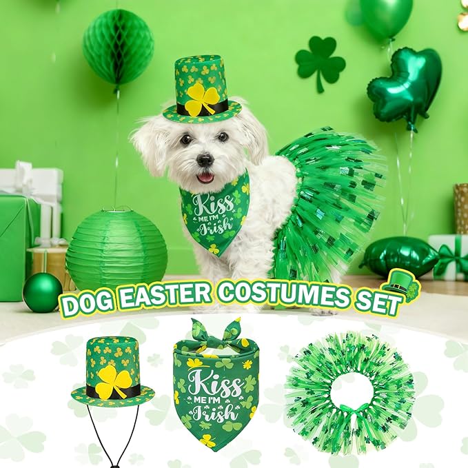 SCENEREAL St. Patrick's Day Dog Bandana Dress with Hat Set, Puppy Irish Costume for Small Medium Sized Girl Dogs Cats, Cute Tutu Skirt Green Holiday Pet Outfit Party Supplies