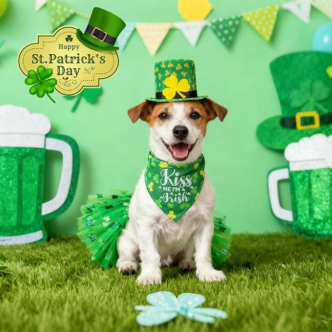 SCENEREAL St. Patrick's Day Dog Bandana Dress with Hat Set, Puppy Irish Costume for Small Medium Sized Girl Dogs Cats, Cute Tutu Skirt Green Holiday Pet Outfit Party Supplies