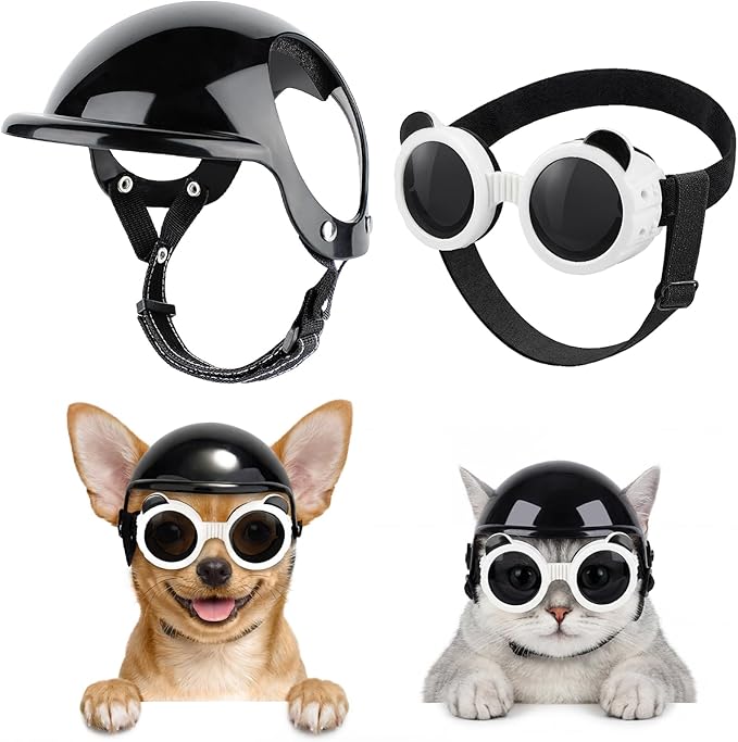 SlowTon Dog Helmet and Goggles - UV Protection Doggy Sunglasses Dog Glasses Pet Motorcycle Helmet Hat with Ear Holes Adjustable Belt Safety Hat for Small Medium Large Dogs Puppy Riding (Black, XS)